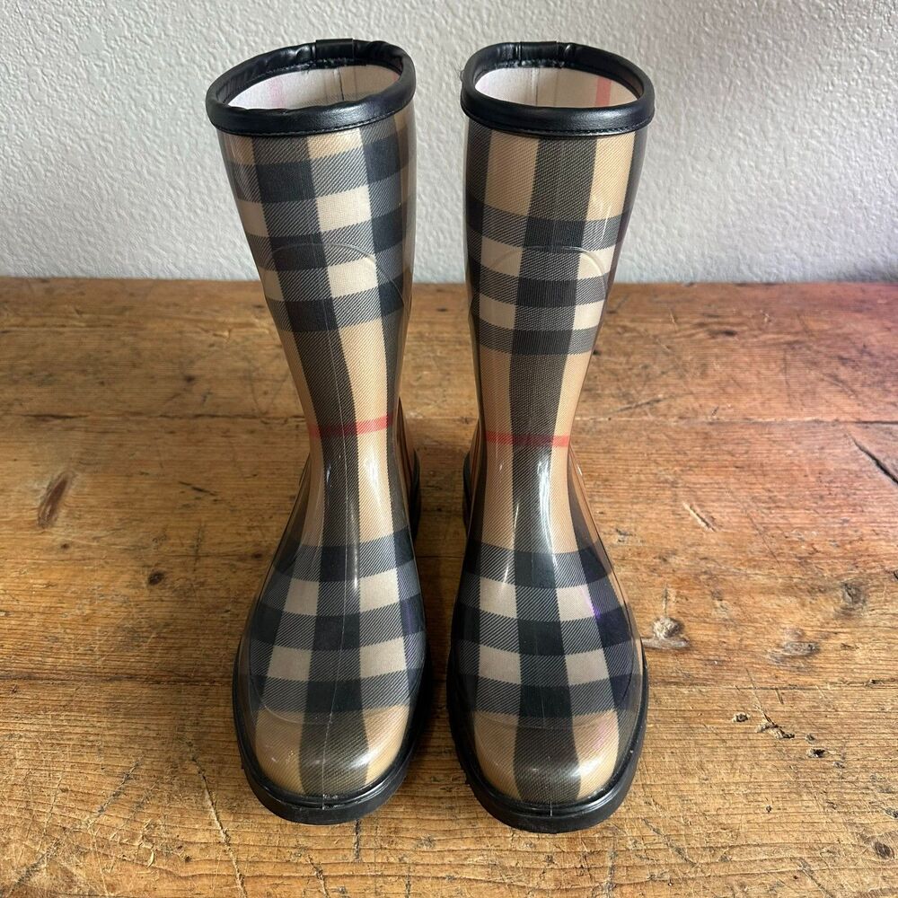 Burberry Rubber Rain Boots Tan Check Plaid Mid Calf Size EU 41 Women's US 10 - Picture 4 of 9